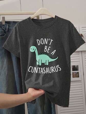 Women's New Plus Size Round Neck Short Sleeved Summer T-Shirt, Cartoon Dinosaur Pattern , Slim Fit And Comfortable Plus Size Summer Tops, Suitable For Daily Casual Wear, Graphic Tees Women, Summer For Women
