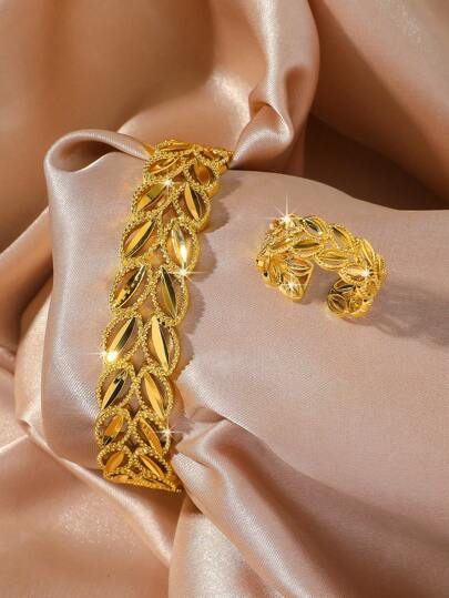 1 Set Elegant Arabic Style Golden Plated Adjustable Wheat Ear Bracelet And Ring, Suitable For Middle Eastern Women's Everyday Wear, Gatherings And Party Jewelry Gifts
