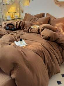 3pcs Solid Color Washed 100% Cotton Soft Bedding Set - Brown - View 6