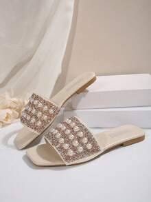 Wide Fit Women Flat Pearl & Rhinestone Decor Square Toe Slip On Slippers, Suitable For Summer - Beige - View 5