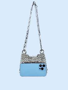 24 pièces Sac bandoulière fait main avec paillettes brillantes et décorations de paillettes, avec bandoulière amovible, couleur argent, pour femmes - Argent - Voir 3