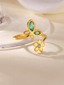 精致不锈钢蓝粉色蝴蝶花戒指，18K 镀金防褪色开口戒指，适合女士，婚礼夏季假日黄金首饰，送给妈妈/挚友的礼物