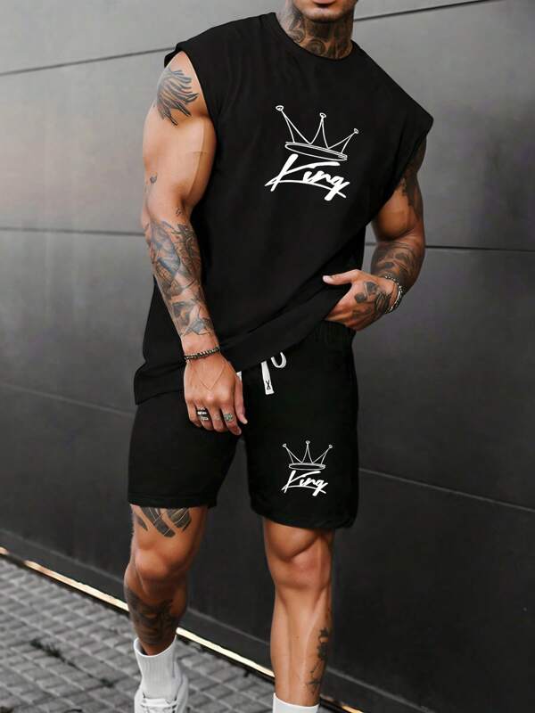 Conjunto de camiseta sin mangas y pantalones cortos de verano para hombres, con estampado de la letra "Rey", conjunto casual de 2 piezas con pantalón de cordón, adecuado para playa, senderismo, pesca, acampada, gran regalo para esposo o novio