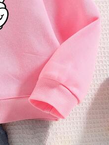 Tween Girl Cartoon Smiling Face Print Warm Hoodie Sweatshirt - Pink - View 5