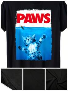 PAWS Cat And Mouse Pattern T-Shirt - Fun And Cute Cotton T-Shirt For Cat Lovers, Black Casual Crew Neck Short Sleeve Top, Underwater Scene Design, Machine Washable, Casual Wear | Humorous Design | Opaque Material - 黑色 - 查看 6