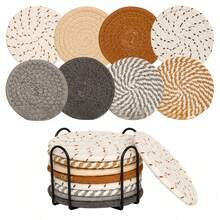 Posavasos redondos tejidos de 4/8 pulgadas, posavasos de tela absorbente, juego de posavasos tejidos a mano con bandeja, estilo bohemio, sin soporte - Multicolor - Ver 12