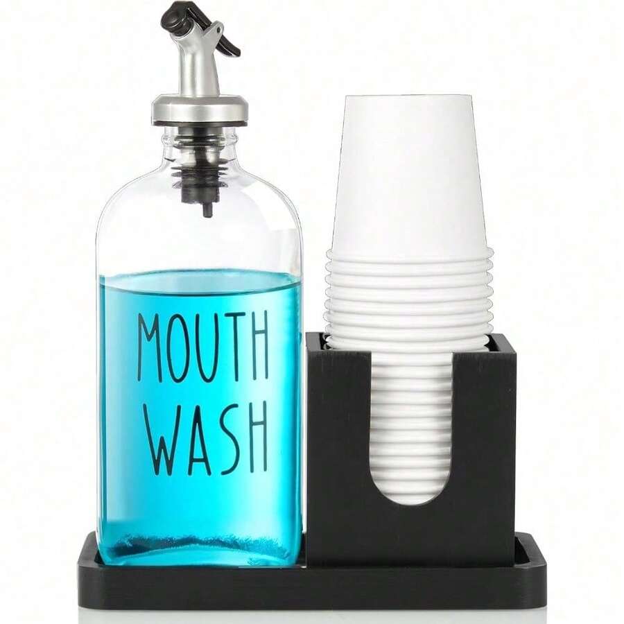 16oz Glass Mouthwash Dispenser Set With Wooden Tray & Cup - Rustic Farmhouse Bathroom Organizer, Countertop Storage For Dental Care Essentials, Navy Blue Decorative Bottle With Easy Pour Spout - 黑色 - 查看 1