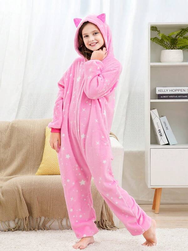 بيجامة قطة ذات أذنين بنمط سماء نجمية وردية للفتيات المراهقات
