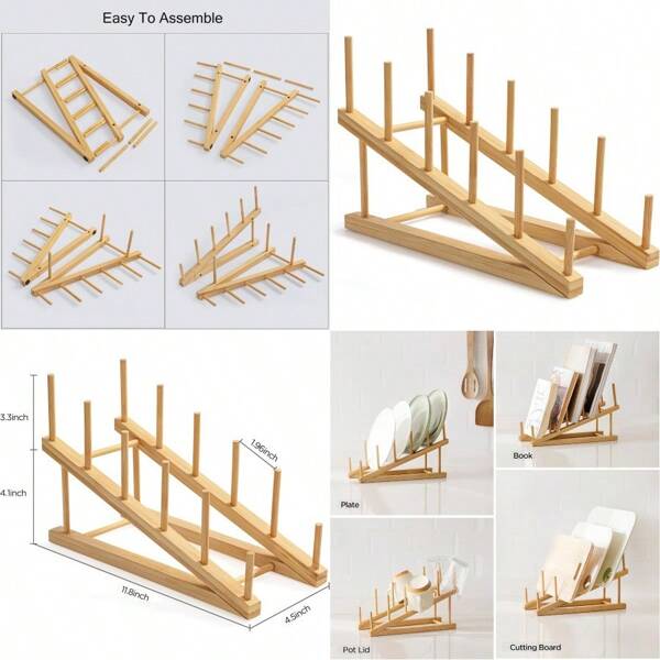 HBlife Bamboo Wooden Dish Drying Rack For Kitchen Counter 1 PCS Dish Book File Plate Bowl Cup Cutting Board Pot Lid Organizer For Kitchen Office Display Cabinet Grocery Store Ermarket