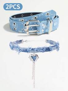 2 件套少女腰带和颈链套装 - 星星铆钉、心形铆钉/十字架吊坠、朋克 - Y2K 风格,适合前卫返校装和街头服饰 - 彩色 - 查看 3