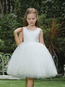 小女孩蝴蝶结深 V 薄纱泡泡袖派对公主裙，适合小女孩生日派对、舞会、选美、花童、伴娘、婚礼、特殊场合 - 白色 - 查看 7