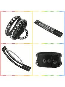 3件套朋克摇滚皮质手链，女士流行80、90年代Emo风格配饰，复古铆钉可调节缠绕式腕带 - 黑色 - 查看 3