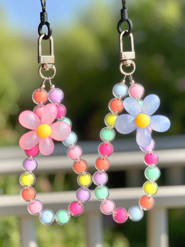 1pc Handmade Colorful Macaron Flower Beaded Phone Lanyard, Camera Keychain, Summer Phone Accessory