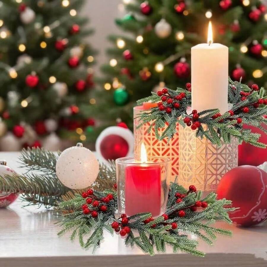 1 Stück Weihnachts-Tannenzweig & Rote Beeren Kranz Kerzenring, Weihnachts Tischdekoration Kerzen Kranz, Weihnachts Feiertags Dekoration, Thanksgiving Dekoration