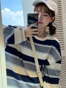 Camiseta de manga larga a rayas para mujer Camiseta larga de mujer - Gris - Ver 4