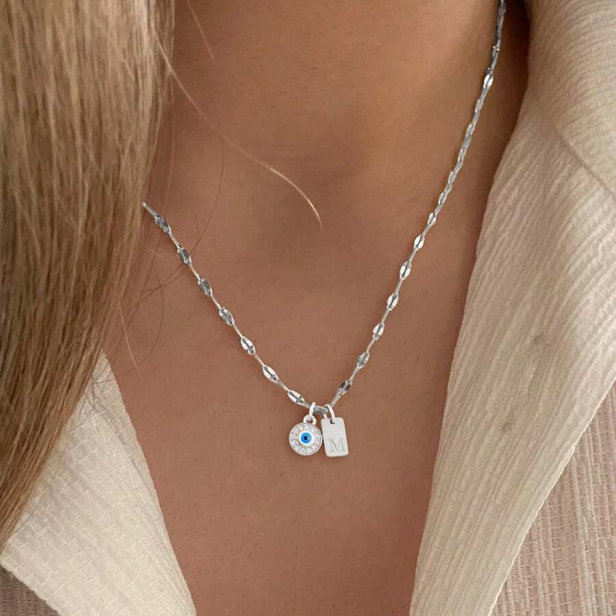 1 chiếc mặt dây chuyền hình chữ nhật màu bạc mới với chữ cái và mắt xanh, dây chuyền thép không gỉ hình môi, dành cho nữ. - Bạc - Xem 1