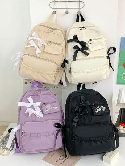 1个装学院风蝴蝶结装饰背包，多口袋拉链封口书包，大学风格日用背包