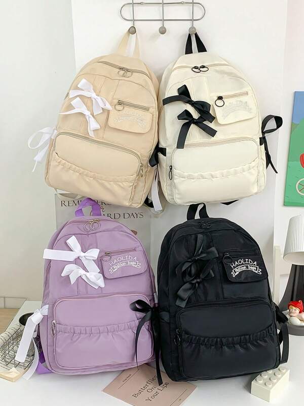 1pc Girls' Bow Decor Backpack With Multiple Pockets & Zipper Closure, School/Daily Use Bookbag