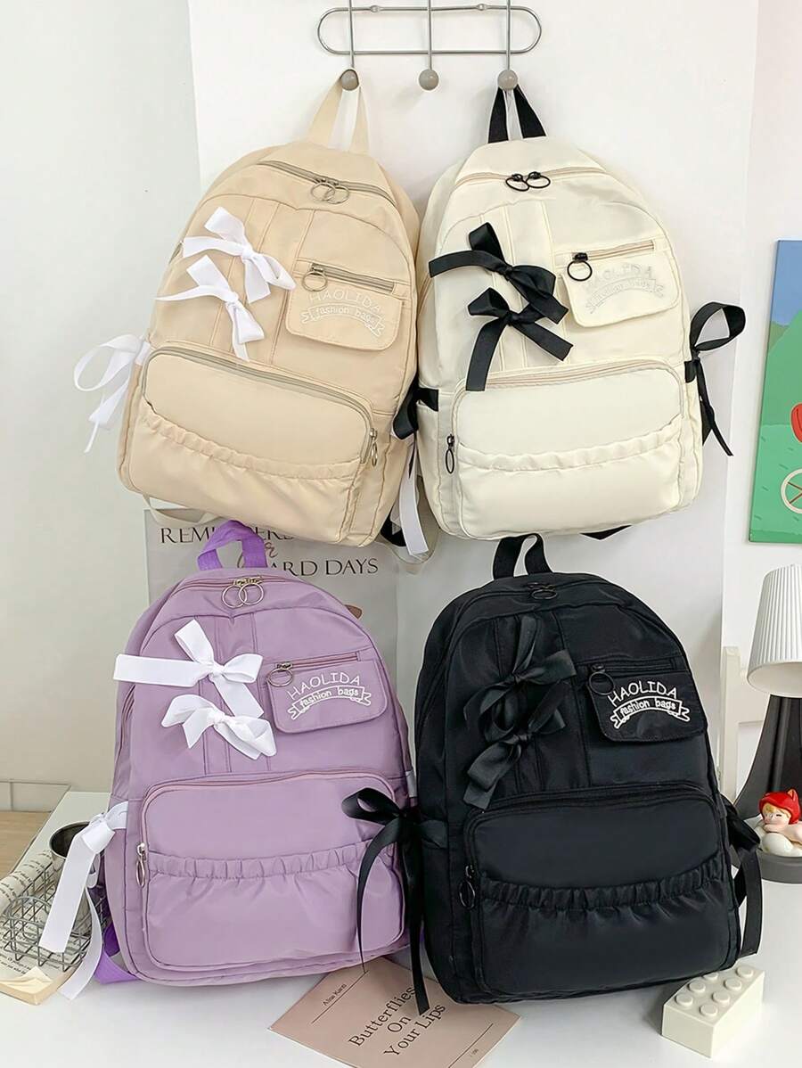 1个装学院风蝴蝶结装饰背包，多口袋拉链封口书包，大学风格日用背包