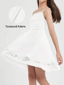 EXARUS Girls Flowy Ruffled Hem/Puff Bubble Dress Teen Ruched Summer Adjustable Spaghetti Strap Casual Cami Mini Dresses - trắng - Xem 3