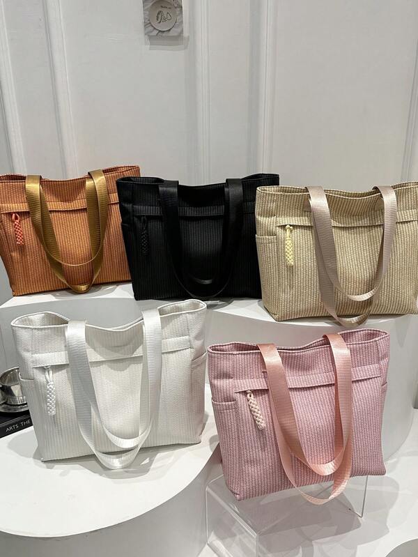 1pc Women's Solid Color Embroidered Canvas Tote Bag With Large Capacity, Zippered Closure, Suitable For Camping, Picnics, Travel, One Shoulder Handbag