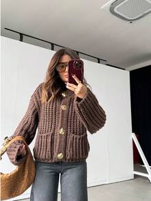 GDDYIN Áo khoác dệt kim màu trơn có túi cài nút cho nữ vào mùa thu - Màu nâu  Mocha - Xem 3