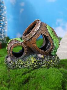 1pc Resin Realistic Moss Covered Barrel Aquarium Decoration, Creative Ornament For Fish Tank, Hiding Cave For Fish And Shrimp - Multicolor - View 6