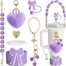 闪亮杯子配件，适用于 30 盎司 40 盎司 20 盎司带手柄的杯子，包括蝴蝶结吸管顶盖、吸管蝴蝶结装饰、皮革水瓶手柄带、靴子