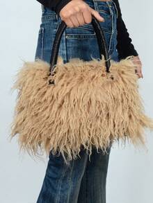 Furry Shoulder Bag For Women Fuzzy Faux Fur Large Tote Handbag Cute Soft Fluffy Purse Tote Bag For Women, Lightweight Puffy Tote Bag With Compartments Quilted Shoulder Bag  Furry Purse Fluffy Tote Bags For Women Winter Faux Fur Bag Fuzzy Purses And Handbags - 卡其色 - 查看 1