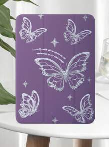 1pc Solid Color Tri-Fold Purple Letter & Butterfly Painted Flat Tablet Case With Kickstand, PC Hard Back Cover, Thin & Lightweight, Magnetic Sleep/Wake, Compatible With IPad Mini4/Mini5/Mini6/Mini7/Air1/Air2/9.7/10.2/10.5/Air4/Air5/10.9/Pro11/10th/Air 11-In.(M2)-2024/Pro 11-In.(M4)-2024/IPad Air 11-Inch (M3) 2025/IPad (A16) 11 Inch 11th Generation 2025, Does Not Include Stylus