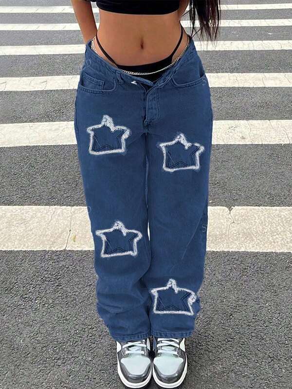 Europese en Amerikaanse casual street fashion Star Patch dames jeans met rechte pijpen