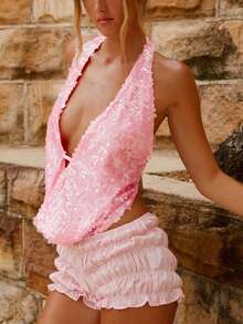 Women Sparkly Sequins Tank Tops Y2k Glitter Backless Halter Neck Vests Summer Sleeveless Tops Streetwear - Pink - View 1