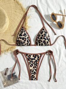 女士露背豹纹拼接比基尼套装（上衣和下装），休闲夏季