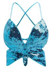 Women's Short Tops With Shiny Sequins Embellished Irregular Butterfly Look Sleeveless Camisole Vest - Màu xanh lam - Xem 6