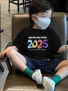 Boys Casual Printed Round Neck Short Sleeve T-Shirt Summer Student Young Kids Clothes - Cool English Letter T-Shirts Bring Joy And Happiness To Every Child! - 黑色 - 查看 1