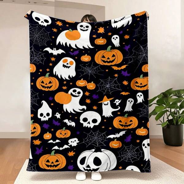 Halloween Pumpkin & Ghost Pattern Soft Flannel Shawl Blanket, Comfortable Multi-Purpose Flannel Throw Blanket For Sofa, Bed, Picnic And Travel