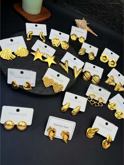 [18-Piece Stainless Steel Earring Set] Fashionable Stud Earrings And Rings - Hip-Hop/Sexy Style, Heart-Shaped Theme, Suitable For Daily And Party Wear, With Gift Box Randomly Dispatched. The Manufacturer Is Now Offering Many Discounts