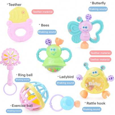 Set de sonajero y juguete para bebé - Hecho de material PP, caja de regalo para bebés de colores mixtos, Set con campanas y anillos de peluche - Adecuado para recién nacidos e infantes (algunos colores al azar)