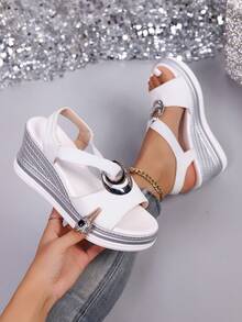 2025 Summer New Fashion Wedge Sandals, Thick Sole, Metal Buckle Decor, Faux Linen Rope, Elastic Band, Open Toe - White - View 5