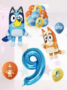Bluey Birthday Party Decoration Cartoon Foil Balloons, Aluminum Foil Blue Cartoon Foil Balloons, Birthday Party, 1-9 Years Old Blue Number Latex Aluminum Film Balloon Decoration, Birthday, Wedding Party And Gathering Background Wall Decoration Halloween, Christmas - Multicolor - View 18