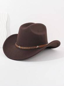 1Pc Back To School Western Cowboy Hat, Unisex, Felt Soft Woolen Hat, Belt Buckle Cowboy Hat, Suitable For Halloween, Holiday Parties, Daily Leisure, Etc