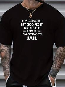200g 100% Algodón Puro Camiseta de Estilo Urbano para Hombre con Estampado de Patrón - Diseño "Deja que Dios lo arregle", Negra con texto blanco, Casual y Holgada, Fibra de Poliéster, Lavable a Máquina, Cuello Redondo, Adecuada para Todas las Estaciones - Negro - Ver 14
