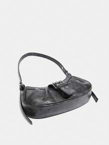 1pc Women's PU Leather Bag, Fashionable Pleated Edge, Retro Shoulder Underarm Bag, Y2K Chic Bag, Minimalist Solid Crescent Bag, Ladies Handbag - Grey - View 5