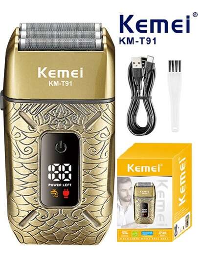 Kemei 男士專業電動刮鬍機 鬍鬚修剪器 三浮動刀頭 USB充電式面部刮鬍刀 乾濕兩用 LED顯示 理髮店震盪式刮鬍機 可拆卸刀頭易於清潔 1400mAh大容量長效電池