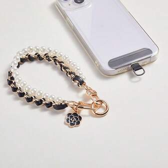 1pc Luxury Retro Fragrance Pearl Chain Phone Lanyard + Clip Wrist Phone Chain Pendant, Fits Universal Phone Cases & Keychains