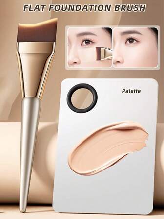 2支装专业粉底化妆刷 - 超薄平头化妆刷，适用于BB霜、遮瑕膏和粉底液，适合日常使用或女士旅行，轻巧的面部轮廓刷和黑色美妆蛋套装，双用途美妆蛋和粉底刷，圣诞礼物，送给朋友、家人、女友、同学，粉底刷、遮瑕刷、腮红刷、轮廓刷、修容刷、散粉刷、粉底刷、腮红刷