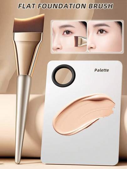 2支装专业粉底化妆刷 - 超薄平头化妆刷，适用于BB霜、遮瑕膏和粉底液，适合日常使用或女士旅行，轻巧的面部轮廓刷和黑色美妆蛋套装，双用途美妆蛋和粉底刷，圣诞礼物，送给朋友、家人、女友、同学，粉底刷、遮瑕刷、腮红刷、轮廓刷、修容刷、散粉刷、粉底刷、腮红刷