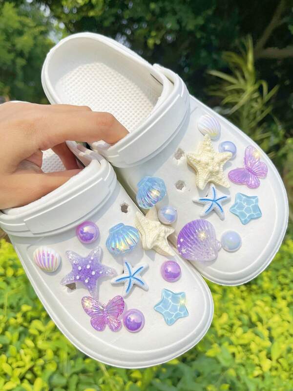 20pcs Purple Ocean Series Shoe Decorations, Purple Detachable Shell Shoe Charms, Fashion Elegant Shoe Clips Suitable For Sandals, Slippers, Great As Holiday Gifts