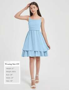 EXARUS Girls Flowy Ruffled Hem/Puff Bubble Dress Teen Ruched Summer Adjustable Spaghetti Strap Casual Cami Mini Dresses - 天藍色 - 查看 5