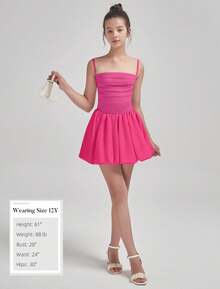 EXARUS Girls Flowy Ruffled Hem/Puff Bubble Dress Teen Ruched Summer Adjustable Spaghetti Strap Casual Cami Mini Dresses - 玫紅色 - 查看 5